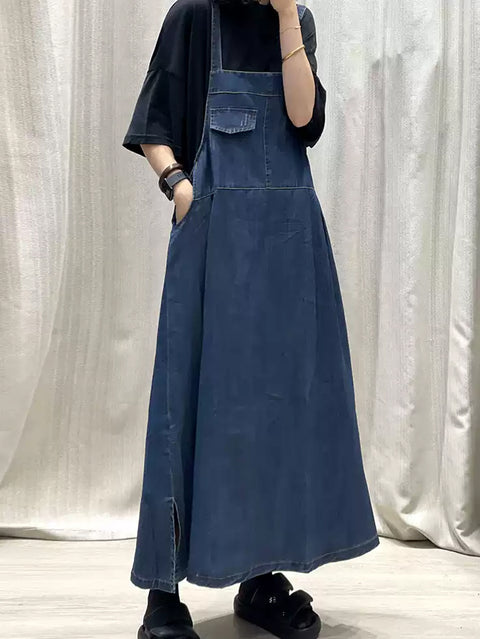 Dámské jarní šaty Pure Color Denim Maxi Suspender