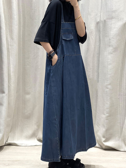 Dámské jarní šaty Pure Color Denim Maxi Suspender