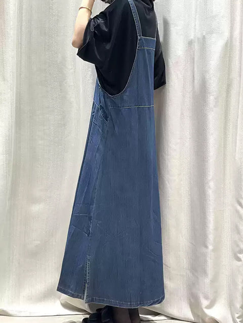 Dámské jarní šaty Pure Color Denim Maxi Suspender