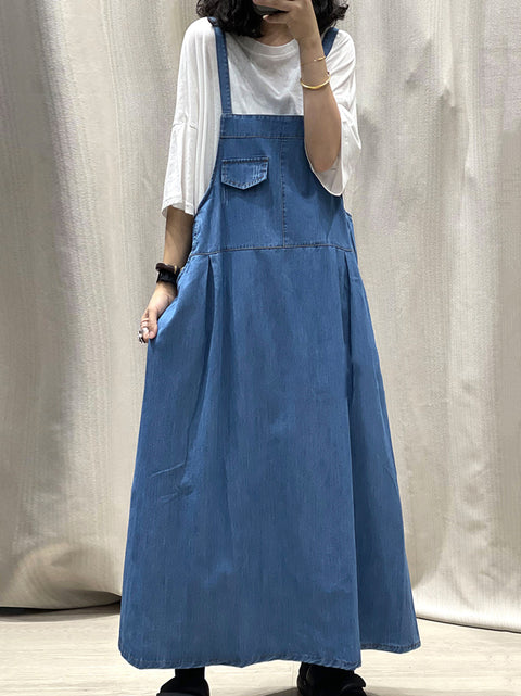 Dámské jarní šaty Pure Color Denim Maxi Suspender