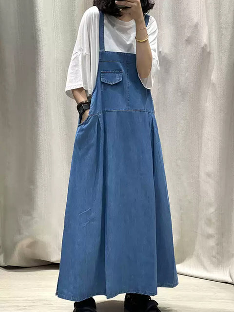 Dámské jarní šaty Pure Color Denim Maxi Suspender