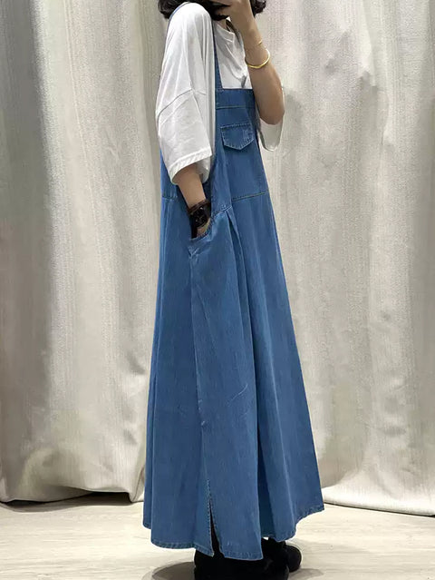 Dámské jarní šaty Pure Color Denim Maxi Suspender