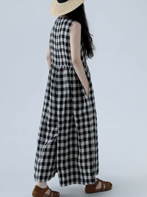 Women Summer Vintage Plaid Loose Wide-leg Jumpsuits