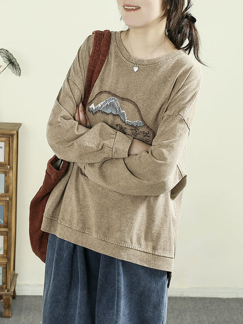 Women Spring Vintage Embroidery Cotton O-Neck Shirt