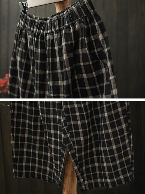 Women Spring Plaid Loose Cotton Harem Pants