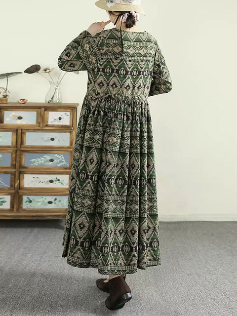 Women Spring Ethnic Print O-Neck Cotton Maxi Dress