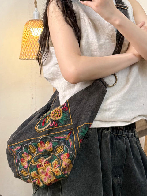 Letní vintage kabelka s květinovou výšivkou Denim Crossbody