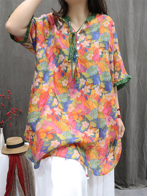 Women Summer Vintage Flower V-Neck 100%Ramie Shirt