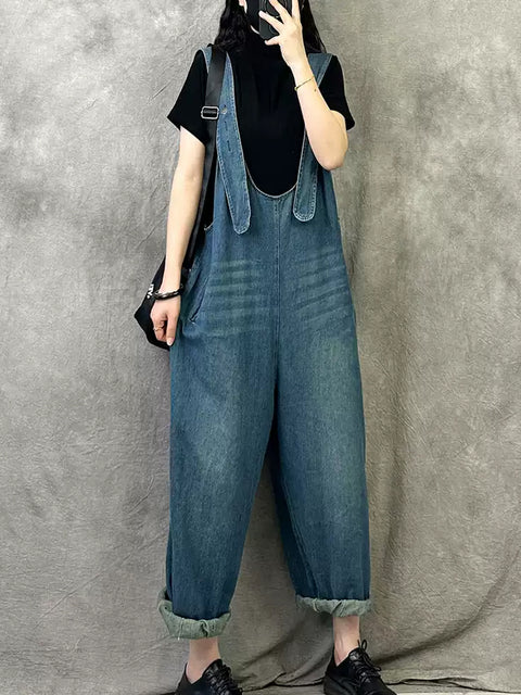 Women Summer Vintage Pure Color Denim Jumpsuits