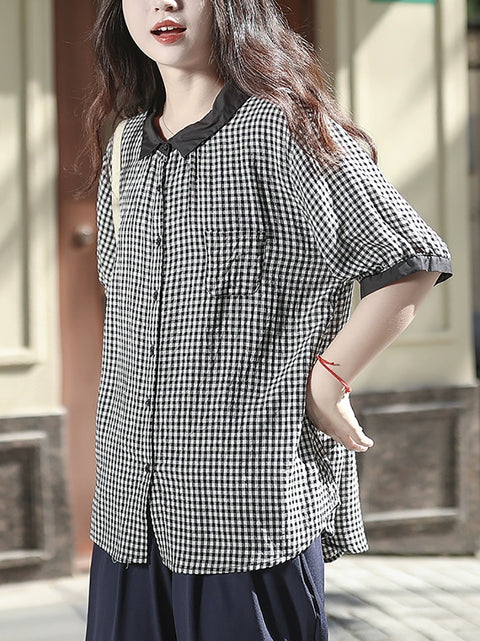 Women Summer Plaid Turn-down Collar 100%Cotton Shirt