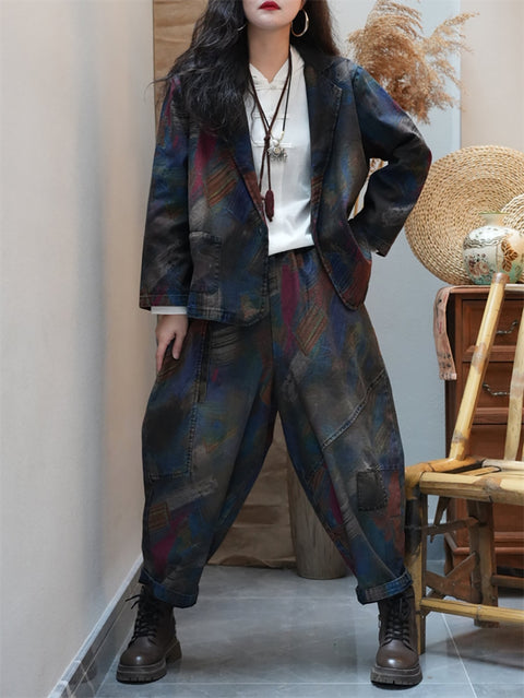 Women Spring Vintage Multicolor Denim Loose Suits