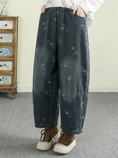 Dámské jarní Retro Jacquard Denim Spliced Pants