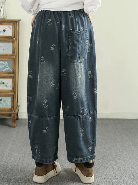 Dámské jarní Retro Jacquard Denim Spliced Pants