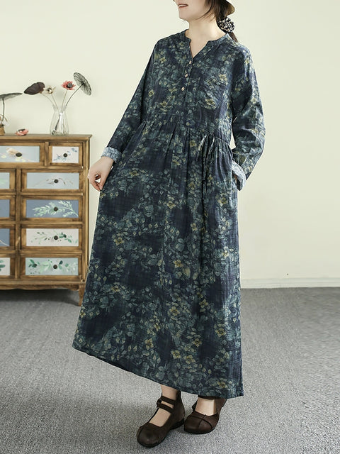 Women Vintage Flower Cotton V-Neck Loose Dress