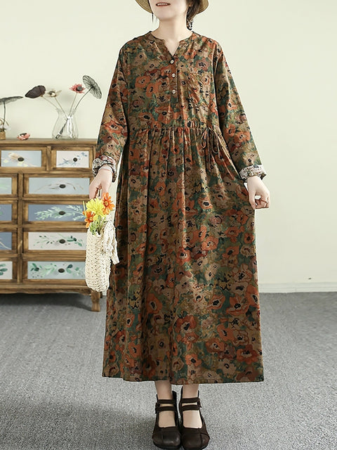 Women Vintage Flower Cotton V-Neck Loose Dress