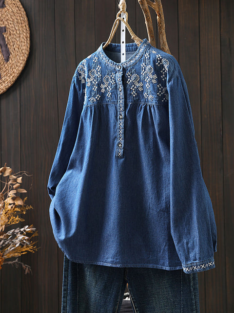 Women Spring Ethnic Embroidery 100%Cotton Denim Shirt