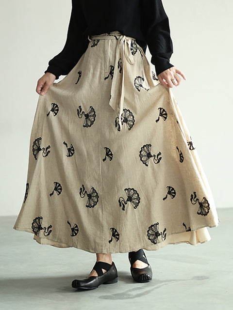 Women Summer Artsy Flower Embroidery Linen Skirt