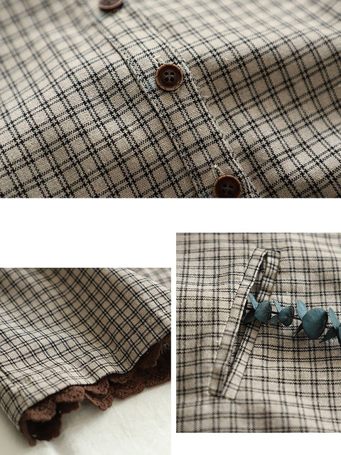 Women Summer Vintage Plaid Turn-down Collar Shirt