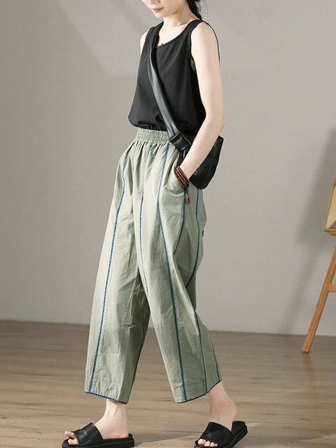 Women Spring Casual Colorblock 100%Cotton Wide-leg Pants