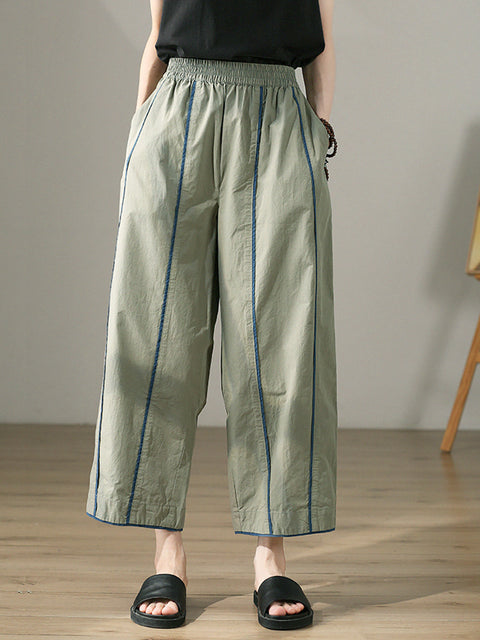 Women Spring Casual Colorblock 100%Cotton Wide-leg Pants