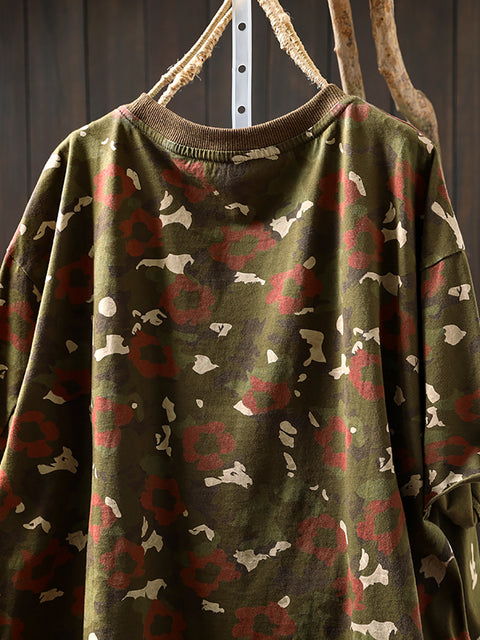 Women Summer Casual Camouflage O-Neck Cotton Shirt