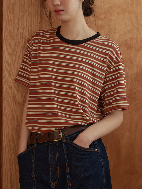 Women Summer Casual Stripe O-Neck Loose Shirt