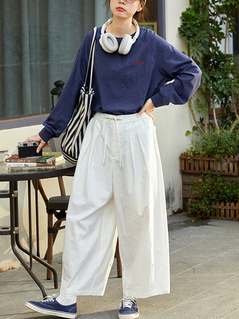 Women Spring Casual Pure Color Cotton Wide-leg Pants