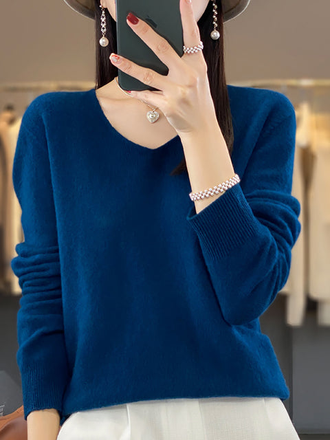 Women Autumn Pure Color V-Neck Knit Sweater