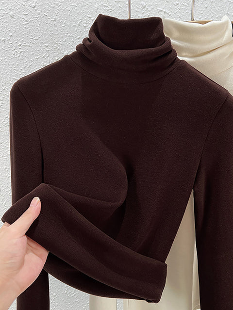 Women Winter Casual Turtleneck Buttom Fleece Blouse