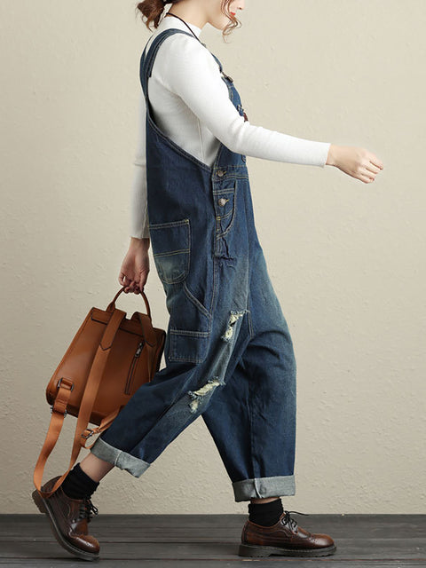 Women Summer Retro Frayed Pocket High-Waist Denim Jumpsuits