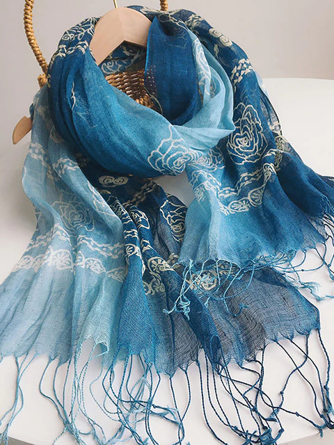 Women Ethnic Tie-dye Geometric Flower Tassel Travel Scarf