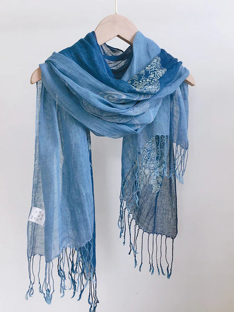 Women Ethnic Tie-dye Geometric Flower Tassel Travel Scarf