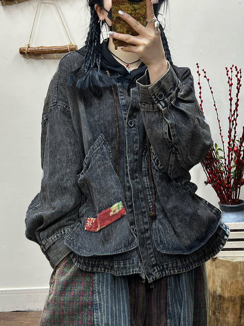 Plus Size Women Spring Retro Irregular Patch Pocket Denim Coat