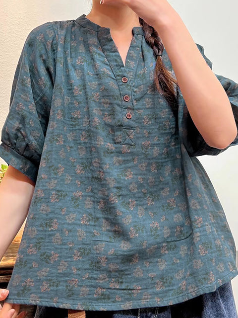 Plus Size Women Summer Artsy Floral Button Loose Shirt