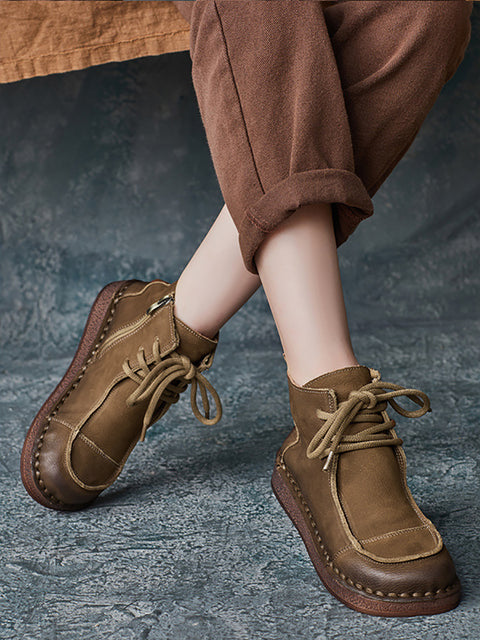 Women Winter Retro Leather Spliced Flat Boots