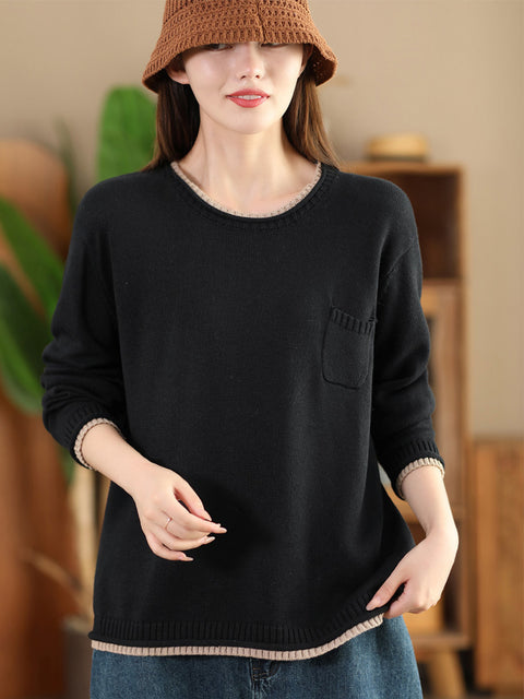 Women Autumn Casual Colorblock O-Neck Cotton Knit Blouse