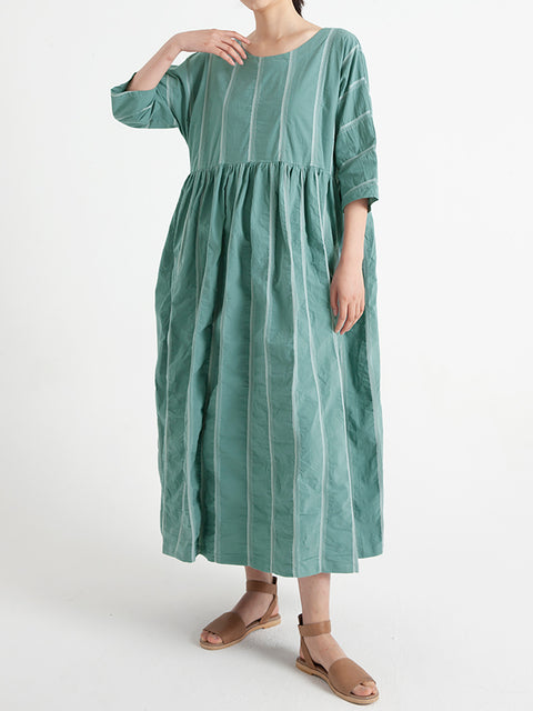 Plus Size Cotton Casual Summer Half Sleeve Loose Pleated Dress