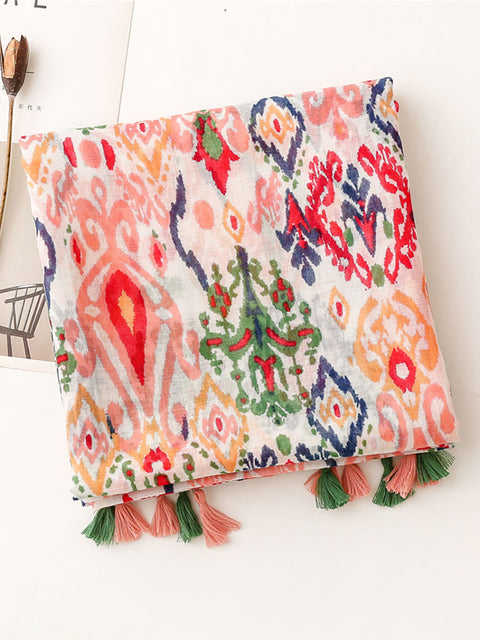 Women Multicolor Print Tassel Scarf