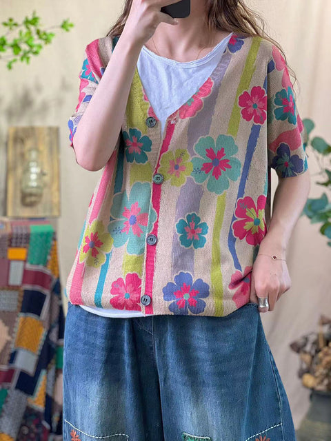 Women Spring Casual Flower Knitted Button V-neck Shirt