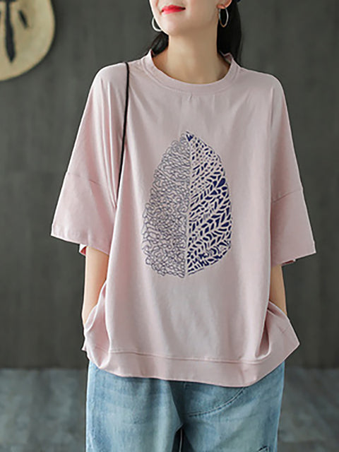 Plus Size - Leaf Printed Summer Half Sleeve Cotton T-shirt