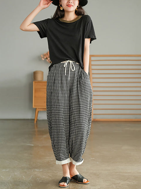 Plus Size Women Plaid Drawstring Pocket Casual Pants