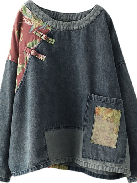 Plus Size Women Retro Stitching Patchwork Print Floral Denim Sweatshirt